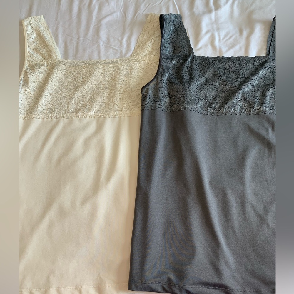 CJ Banks Lace Chemise Set in Cream and Gray - Picture 1 of 15